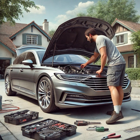 Man with car hood up working on car
