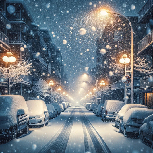 Heavy Snowfall on street with cars parked along the side