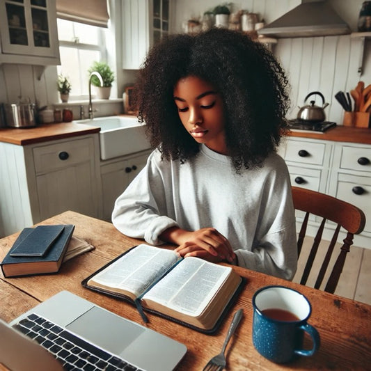 Girl sitting at kitchen table reading her Bible