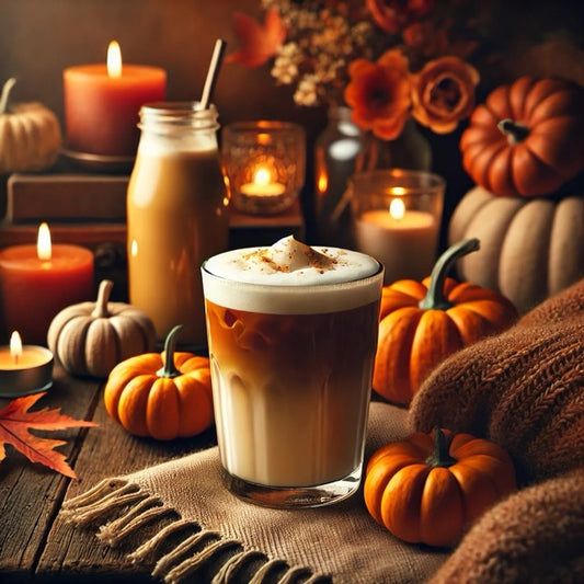 Pumpkin cream cold brew on a table with candles and pumpkins