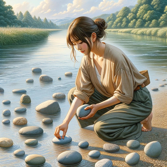 Woman in creek picking out stones